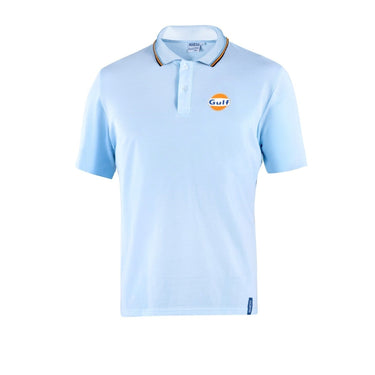Light blue Sparco Gulf Polo featuring embroidered Gulf badge, contrast collar striping, and short sleeves.